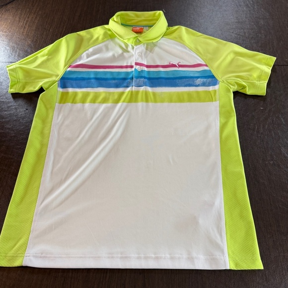 Puma Other - Puma Men's Short Green Blue Striped Dry Cell Button Shirt Sz M